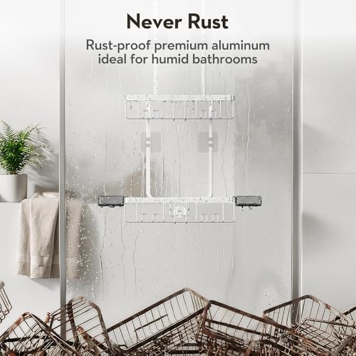 Over the Door Shower Caddy Hanging With Double Soap Holder Never Rust Aluminum Shower Shelf With 4 Hooks Hanging Bathroom Organizer No Drilling Shelves for Bathroom Storage Silver