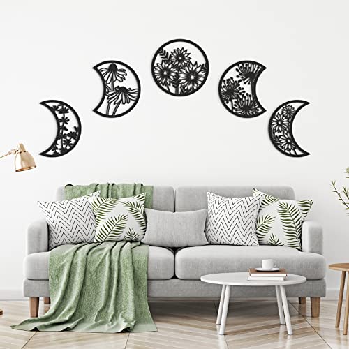 Jetec 5 Pcs Moon Phases Wall Art Decor, Wooden, Black, 10.6 Inch, Flower