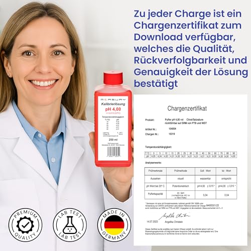 Measury pH Calibration Solution 4.00 + 6.86 Buffer Solution 250 ml Calibration Solution Each | Calibration fluid set made in Germany, calibration fluid, compatible with pH measuring devices of all brands pH 4.00 + 6.86