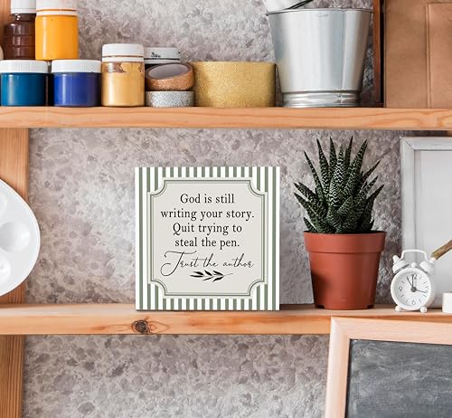 SRADMO Christian Wood Box Sign Desk Decor, Christian Gifts for Women, God Is Still Writing Your Story Bible Verse Theme Wooden Block Box Sign Decoration for Home Office Shelf Table Decor White 3 5″×5″