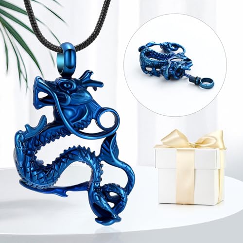 Cremation Jewelry for Ashes Stainless Steel Dragon Urn Necklace Keepsake Human Pet Ashes Holder Memorial Pendant for Women Men Blue