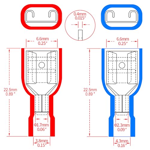 Heschen Quick Coupling Socket Vinyl Fully Insulated, 6.3 x 0.8 mm Cable Lug, Red for 0.5-1.5 mm² (22-16 AWG), Blue for 1.5-2.5 mm² (16-14 AWG), Pack of 100