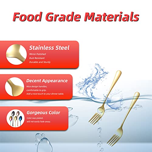 24 Piece Gold Silverware Forks, 8 Inch Metal Flatware, Mirror Polished, Food Grade Stainless Steel, Modern, Minimalist, Dishwasher Safe 24