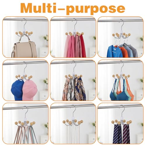 4-Pack 360° Swivel Hoodie Hanger with 6 Natural Wood Balls, Multi-Hook Closet Organizer for Sweatshirts, Purses, Hats, Bras & Accessories Storage