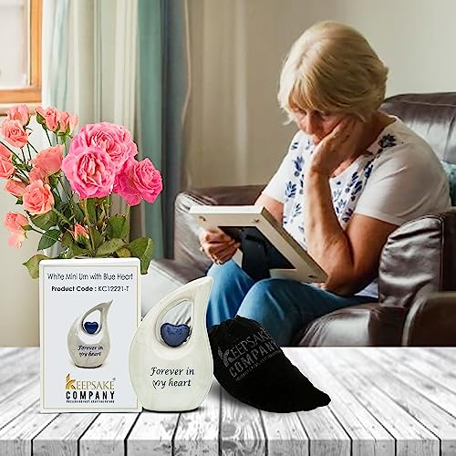 White Teardrop Small Urns for Human Ashes/Mini Urn with Dark Blue Heart/Cremation Keepsakes for Ashes/Ash Holders (White - Blue, Extra Small - EXS (3 Cu in)) Extra Small - EXS (3 Cubic Inch) White - Blue