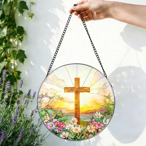 MAYNA Christian Cross Stained Glass Suncatcher, Wildflower Sun Catchers