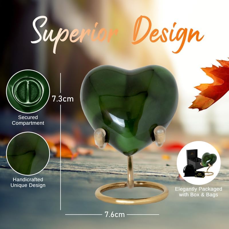 Heart Urn with Stand & Box Keepsake Urn for Human Ashes Mini Cremation Urn for Men & Women (Dark Green) Dark Green