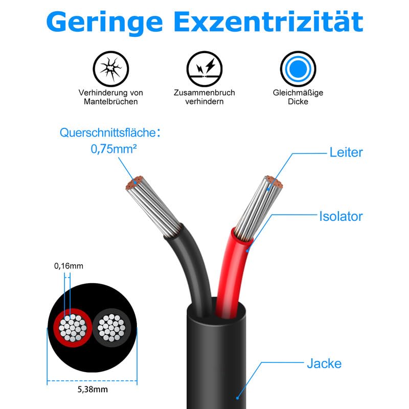 5 Metres 18 AWG, 2 x 0.75 mm² Electric Wire, 2 Core Cable, 5V/12V/24V Power Cable, Tinned Copper Cable, Flexible and Soft, Low Impedance, High Temperature Resistance, Extension Cable 5 metres 18AWG-2C (2 x 0.75 mm²)