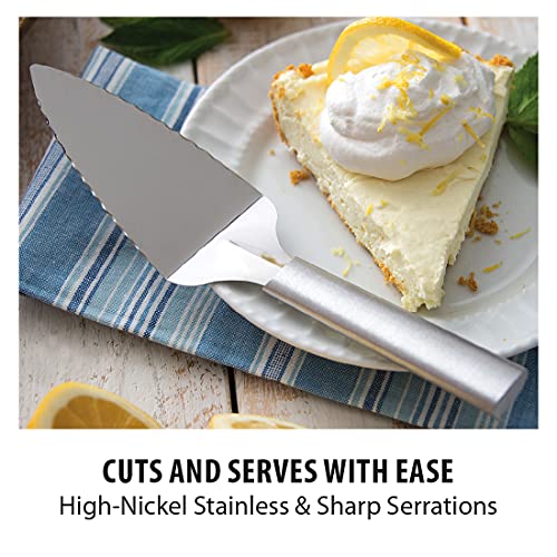RADA serrated pie server in silver, set of 2, perfect for serving cake, pie, and pastries with a sleek design.