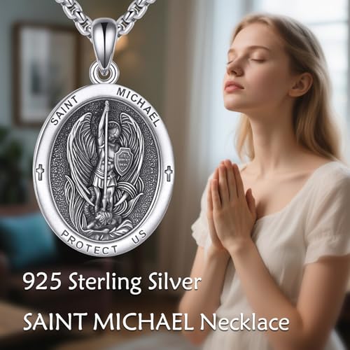 Saint Michael Necklace 925 Sterling Silver Obsidian St Archangel Michael Pendant Necklace Protection Amulet Saint Michael Jewelry for Women Men