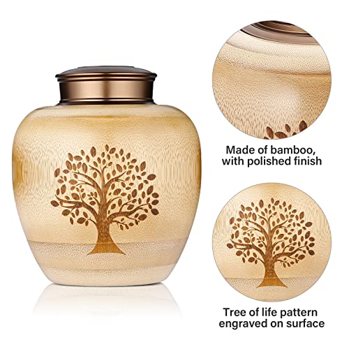 Small Urns for Human Ashes Adult Male Female,Small Keepsake Urns for Human Ashes Tree of Life Pattern Engraved,Memorial Cremation Urns for Human Ashes Adult Female Male Made of Bamboo Small,50 Cubic Inches