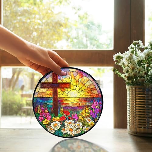 TNUW Cross Flower Stained Glass Window Hanging, Christian Wildflower Sunset Landscape Sun Catchers Indoor Window Glass Round Wall Art Decor, Religious Wall Hanging Decorations, 7.9＂x7.9＂