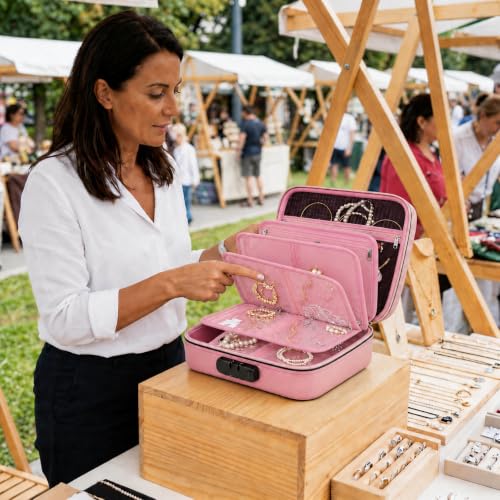 Pink Zynqur fireproof travel jewelry organizer case with lock and six binder pages, designed for safe jewelry storage and transport.
