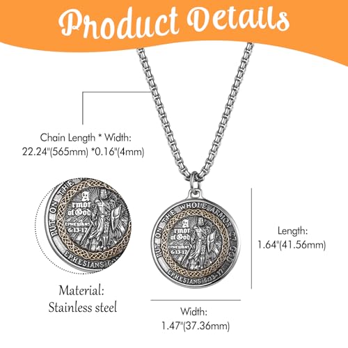Flongo Armor of God Pendant Necklace – Christian Jewellery Engraved with Ephesians 6:11‑17 Bible Verse – Inspirational Religious Necklace for Men and Women – Gift for Baptism & Confirmation
