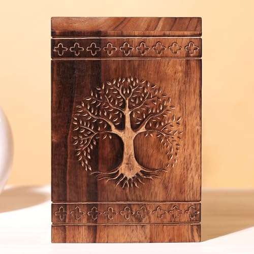 Hashcart Traditional Wooden Cremation Urn for Human Ashes, 45 Lbs Tree of Life