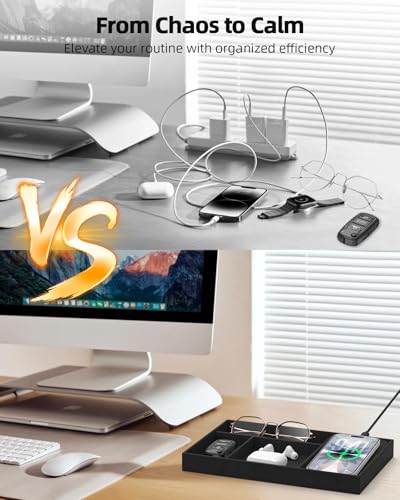 Valet Tray with Wireless Charger, Nightstand Organizer & Catchall Tray for Phone, Keys, Glasses and Accessories, Premium Linen, Stylish Desk & Bedside Storage Station, Black Black linen Single Charger