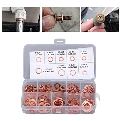 Pissente copper oil drain plug washer kit with 200 sealing washers in 9 sizes, M5–M14