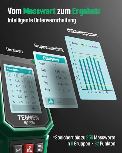 TESMEN TCG-2001 Car Paint Film Thickness Gauge Digital Paint Gauge with Bar Chart 4-Way Color Display Backlight Alarm Fe/NFE Probe - Green