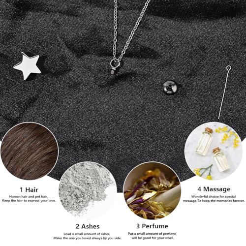 CREATCABIN Star Urn Necklace for Ashes Keepsake Cremation Jewelry Stainless Steel Urns Pendant Mini Urn Jewelry Silvery Star Necklace Ashes Holder Lockets with Funnel Pin for Women Men 17.99 Inch