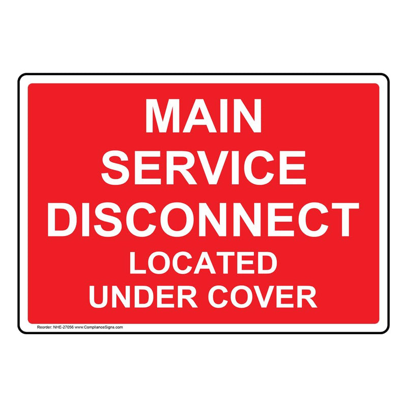ComplianceSigns.com Main Service Disconnect Located Under Cover Label Decal, 5x3.5 in. 4-Pack Vinyl for Electrical, American Made Safety Signs for the Workplace