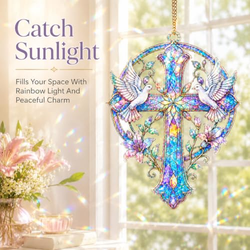 Stained Glass Cross Suncatcher Christian Decor Window Hanging Colorful Carrier Pigeon Dove Cross
