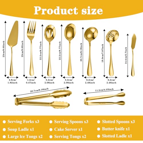 17pcs Gold Serving Utensils Set,Stainless Steel Large Serving Spoons,Slotted Spoon,Fork,Tongs,Cake Pie Server,Soup Spoon,Metal Buffet Banquet Cutlery for Parties Weeding Birthday Entertaining Catering