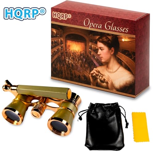 HQRP 3 x 25 Opera Glasses Theater Binoculars, Crystal Clear Optic (CCO), Yellow/Golden Color with Gold Trim, Built-in Extendable Handle, for Adults Kids Women in Musical Concert, Gift Box Golden