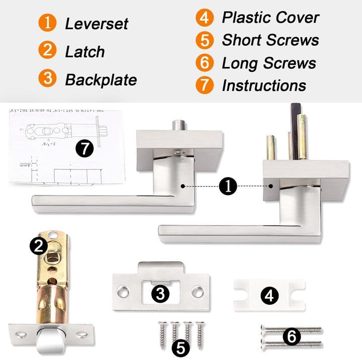 Probrico Interior Heavy Duty Door Handle, Brushed Nickel Passage Door Lever, Square Non-Locking Reversible Hardware for Hall/Closet, 1 Pack