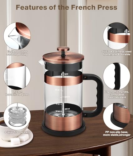 French Press Coffee Maker - 34 Ounce Classice Stainless Steel Coffee Press with 4-Level Filtration System, Heat Resistant Thickness Borosilicate Glass French Press Coffee Pot for Camping Travel Gift Copper