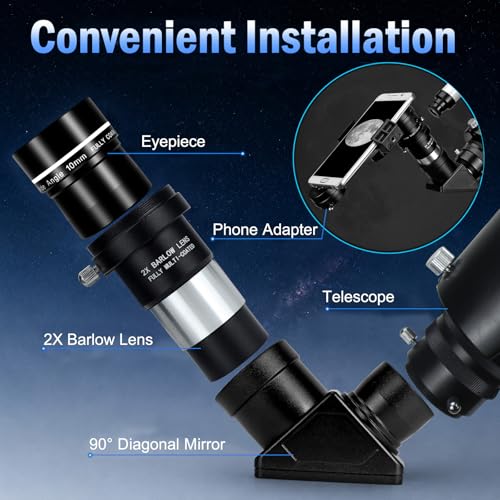 1.25" Telescope Accessory Upgrade Kit with 2 Premium Eyepieces, 2X Barlow Lens, 90° Diagonal Mirror & Phone Adapter, Astronomy Accessories for Sharper Moon Viewing, Planet Observation and Stargazing