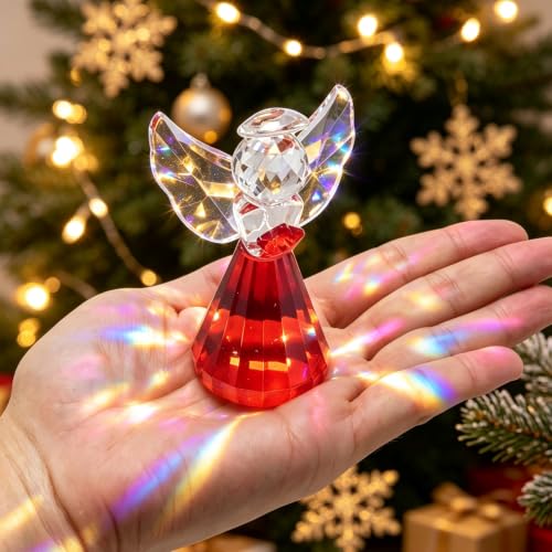 SYOWADA Deep Red Crystal Angel Figurine, K9 Glass Guardian Angel Statue, Healing Crystal Decor for Women Wife Mom, Birthday Valentine's Anniversary Home