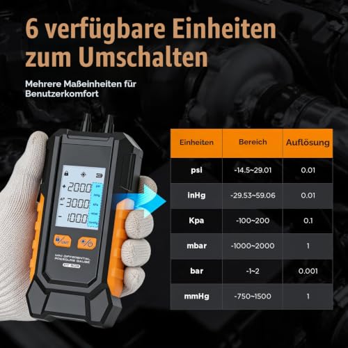 Digital Differential Pressure Gauge, -101-200 kPa Pressure Gauge ±0.5% FS High Precision Gas Pressure Gauge 6 Units Switch Air Pressure Gauge, Data Hold Function Mini Differential Pressure Gauge