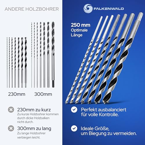 Falkenwald Wood Drill Bit Set Long 7 Pieces + Case - Long Wood Drill Bit for Precise Drilling in Soft and Hardwood - Auger Drill Bit Set - Spiral Drill Wood 7tlg - Holzbohrer Set