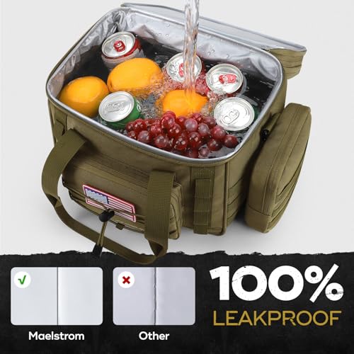 Maelstrom 23L tactical lunch box for men, expandable double deck cooler bag in khaki with sturdy handles and multiple compartments.