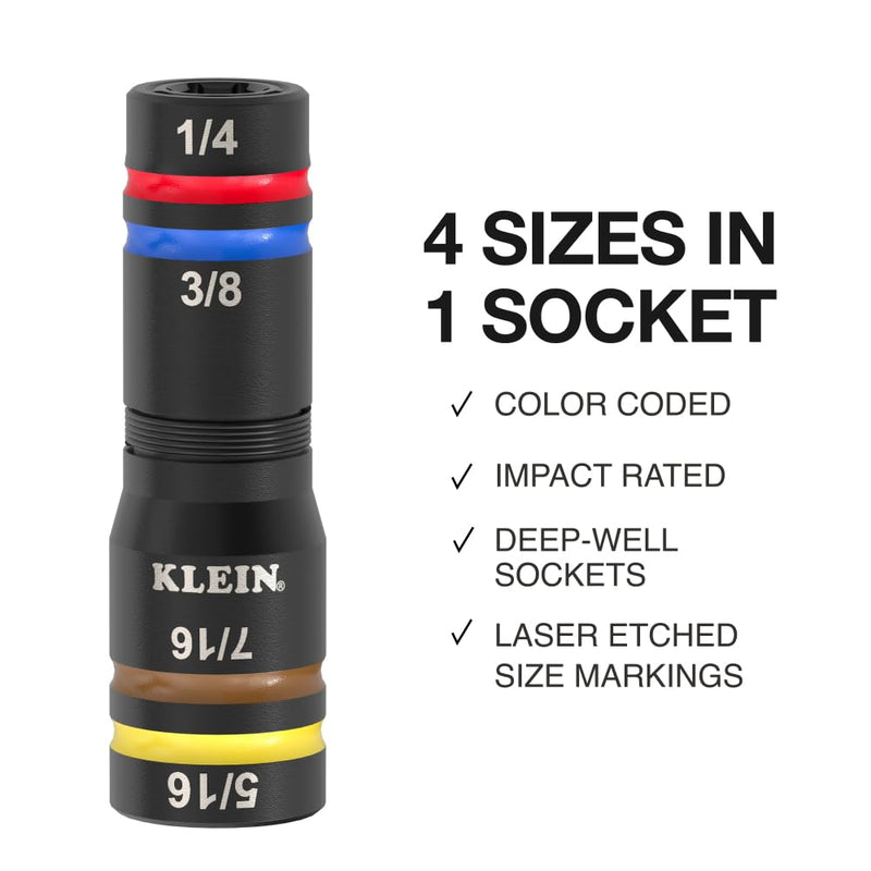 Klein Tools 652QS Quad Socket, 8 Sizes in 2 Sockets, 4-in-1 Color Coded SAE Impact Rated, Deep-Well Heavy-Duty, 1/4-Inch Drive, 6-1/2-Inch Shaft 8 Sizes, SAE