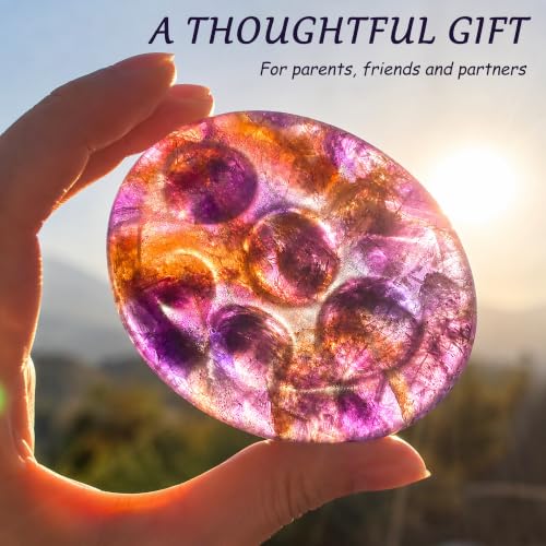 Dot Carved Amethyst Worry Stone, Natural Crystal Palm Stone for Stress Relief, Meditation, Relaxation, Chakra Yoga Gift with Green Gift Box