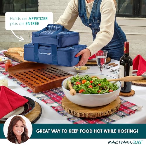 Rachael Ray Lugger Duo, Insulated Casserole Carrier for Hot or Cold Food, Thermal Lasanga Lugger Tote for Potluck, Parties, Picnic, and Cookouts, Fits 9" x 13" Baking Dish, Navy Gingham