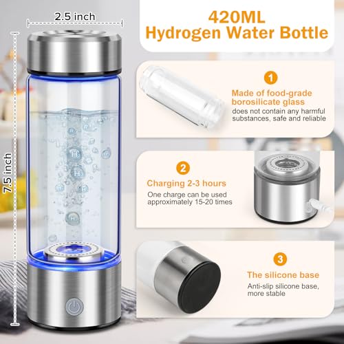Upgrade Hydrogen Water Bottle, Hydrogen Water Generator with Advanced SPE PEM Technology, 420ml(14OZ) Hydro Water Machine, Portable Water Ionizer for Travel, Office, Fitness & Everyday Hydration Silver