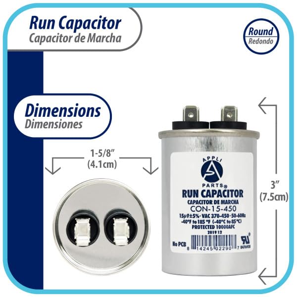 [Australia - AusPower] - Appli Parts Run Capacitor for ac 15 Mfd uF (microfarads) 370 VAC or 450 VAC CBB65 Round Universal fit for hvac and other applications 3 in High 1-5/8 in Wide CON-15-450 