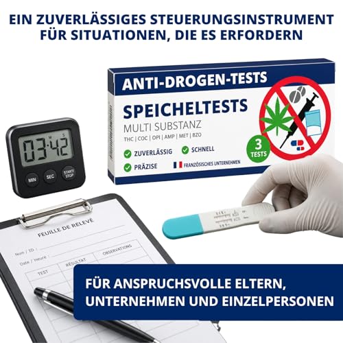 Drug Test Quick Test Saliva 6 Substances - Multi-Drug Test for Home - Saliva Test for THC, Cocaine, Amphetamine, Methamphetamine, Opiates & Benzodiazepines - Result in Minutes, Pack of 3