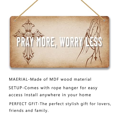Pray More Worry Less Wood Sign - Inspirational Christian Wall Art, Rustic Farmhouse Home Decor, Religious Gift for Anxiety Relief, Bible Verse Encouragement Plaque 12x6 Inch C02