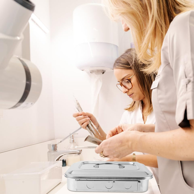 FRCOLOR Stainless Steel Disinfectant Box with Lid - Instrument Tray for Sterilisation Storage Professional Disinfectant Tray for Thermometer Medical Tools Hairdresser 24X15CM silver