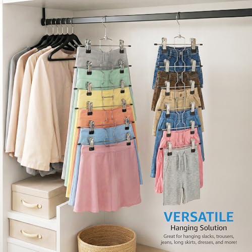 ZOBER 3-Pack 6-Tier Skirt Hangers with Clips, Clothes Hangers for Pants Sliver - 6 Tier 3 Pack