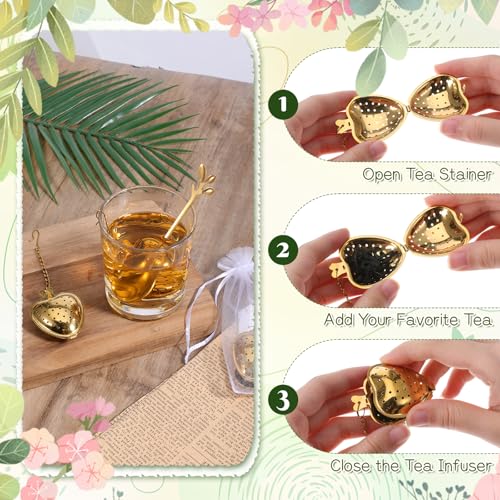 25 Sets Bridal Shower Tea Party Favor for Guests Heart Shape Infuser Ball Leaf Tea Spoon for Loose Teas with Thank You Cards Organza Bag Wedding Souvenir Teas Party Decorations (Gold)