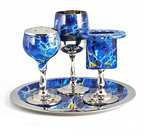 Elegant End of Shabbat Havdalah Set Nickel Plated Blue Marble Decal - Includes Matching Kiddush Cup Goblet and Tray, Havdualah Candle Holder, Besamim Spice Box - Shabbos Decorations By Zion Judaica