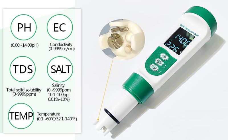 [Australia - AusPower] - Aquarium Salt Tester - Pool Test Strips, Digital PH Meter for Water, Aquarium Monitoring Tool, Pond Checker, Fish Tank Water Analyzer, 5-in-1 Salinity, PH, TDS, EC, and Temperature Meter 