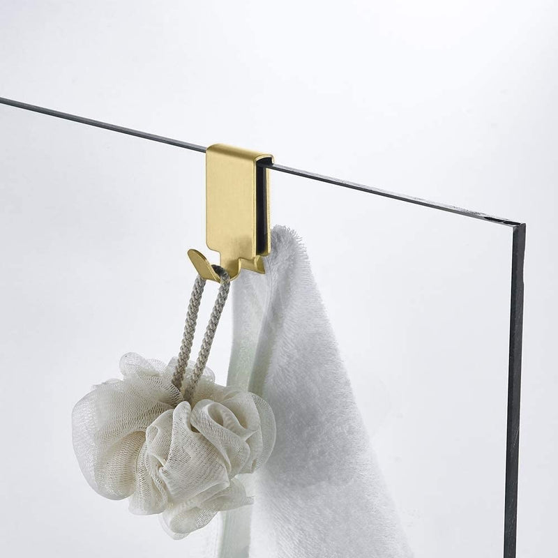 Double Hooks for Glass Shower Door, Towel Hooks Over The Bathroom Glass Wall 0.31-0.39in, Stainless Steel, Gold 4 Pack