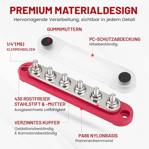 RED WOLF 150A Busbar Distribution Block with 6x M6 Terminal Bolts, Positive Mass Power Distribution Block Busbar for Car Marine RV RV Truck Electrical System Terminal Blocks