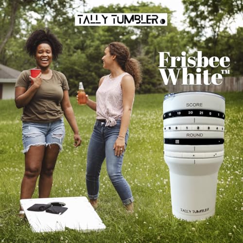 Tally Tumbler (Sport Version Stainless Steel Cup, 30 oz Leak Proof Lid, Double Wall Insulation, Tumbler with Score Keeping Counter used to Track Game Scores & Rounds Won, Two Teams (Frisbee White) Frisbee White