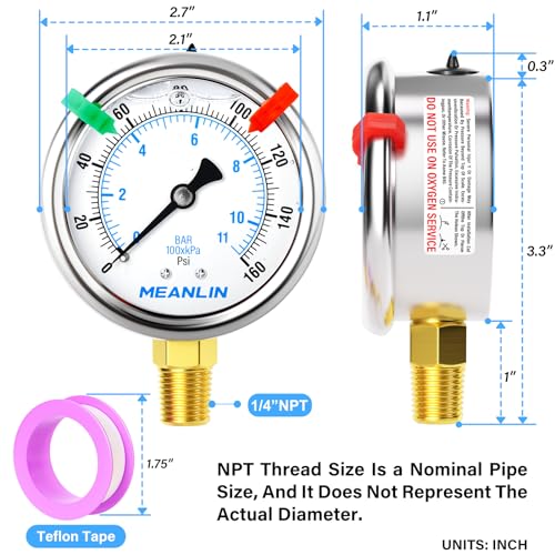 MEANLIN MEASURE 0-160 PSI liquid-filled pressure gauge, 2.5-inch stainless steel dial with 1/4-inch NPT lower mount